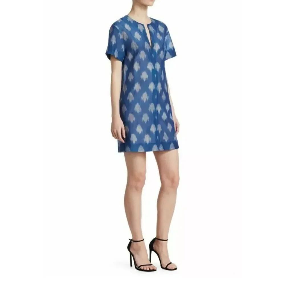 Theory Slit Front Sheer Tunic Dress Blue Gray Ikat Pattern Size P